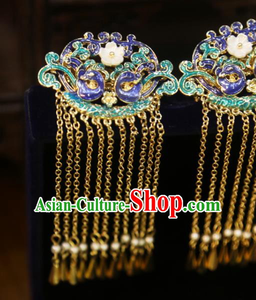 Chinese Xiuhe Suit Blueing Phoenix Hairpins Classical Hair Accessories Traditional Wedding Golden Tassel Hair Claws