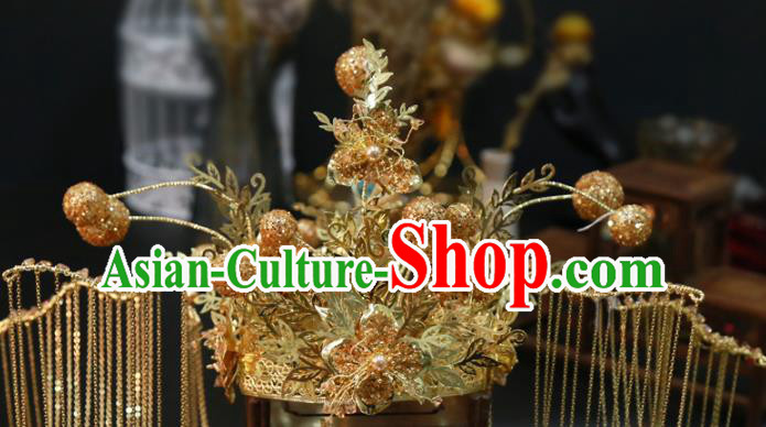 Chinese Classical Golden Tassel Hair Crown Traditional Hair Accessories Wedding Xiuhe Suit Phoenix Coronet