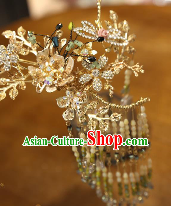 Chinese Xiuhe Suit Headpieces Traditional Wedding Hair Accessories Classical Hair Crown and Tassel Hairpins Full Set