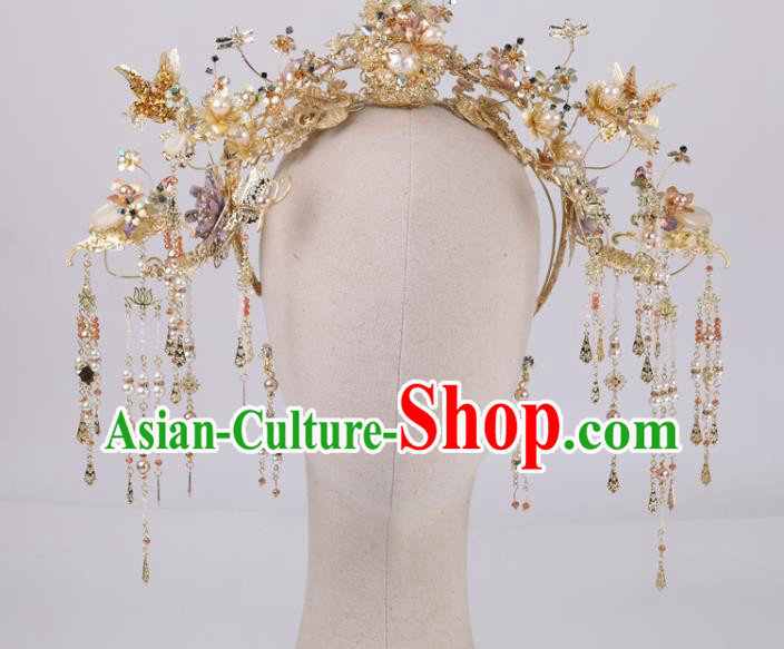 Chinese Xiuhe Suit Pearl Hair Crown Headpieces Traditional Wedding Hair Accessories Classical Golden Phoenix Coronet Full Set