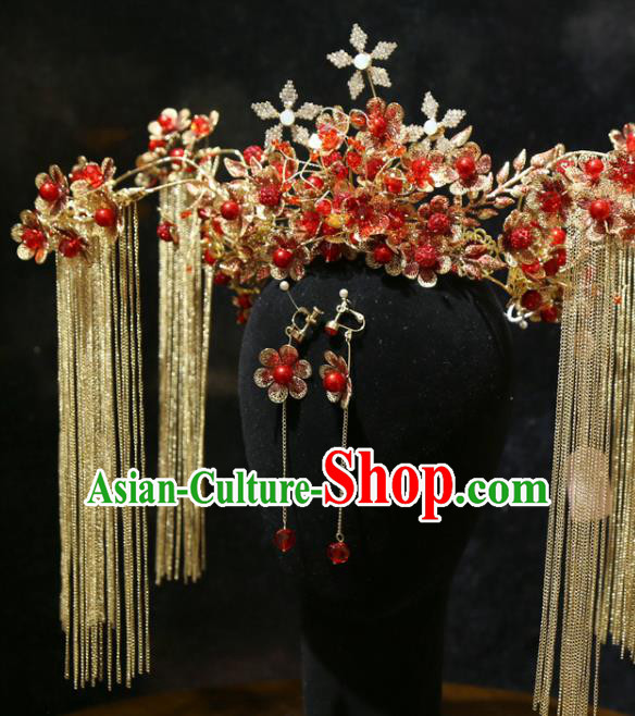 Chinese Xiuhe Suit Hair Crown Traditional Wedding Hair Accessories Classical Red Beads Phoenix Coronet Headpieces