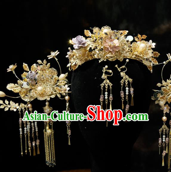 Chinese Xiuhe Suit Hair Crown and Tassel Hairpins Traditional Wedding Hair Accessories Full Set