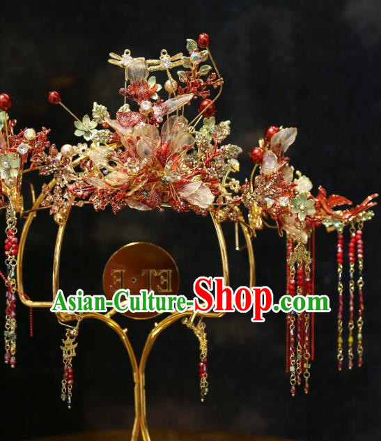 Chinese Traditional Wedding Hair Accessories Hair Crown and Hairpins Xiuhe Suit Red Tassel Phoenix Coronet Full Set