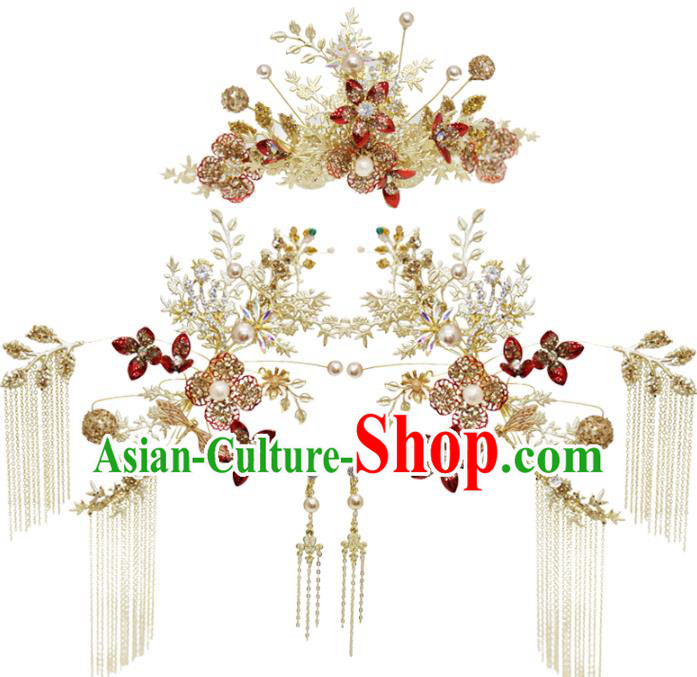 Chinese Traditional Golden Hair Comb and Hairpins Wedding Hair Accessories Xiuhe Suit Headpieces Full Set