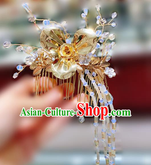 Chinese Traditional Xiuhe Suit Golden Hair Stick Classical Hair Accessories Wedding Beads Hair Comb