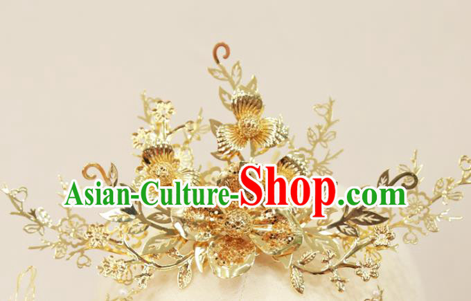 Chinese Traditional Wedding Hair Accessories Xiuhe Suit Golden Flowers Hair Comb Hairpins Full Set