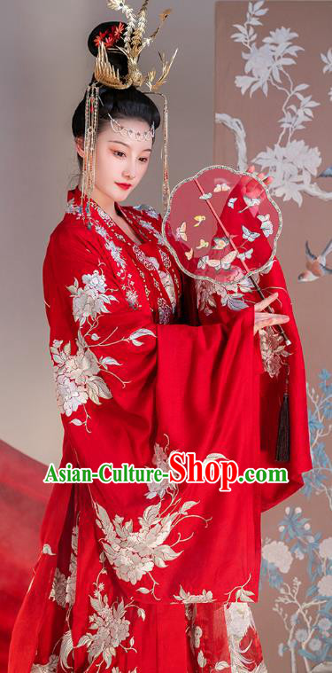 Traditional China Ancient Royal Princess Embroidered Red Costumes Tang Dynasty Wedding Clothing Complete Set