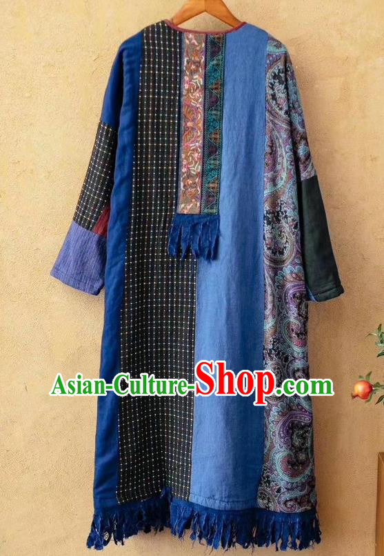 China Tang Suit Blue Flax Overcoat National Women Dust Coat Traditional Embroidered Costume