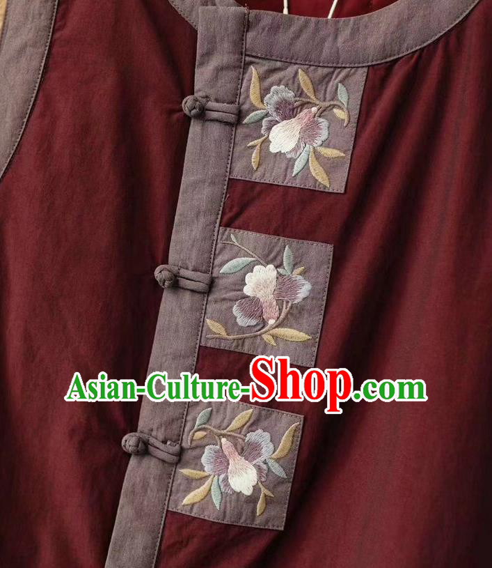 China Women Traditional Tang Suit Upper Outer Garment Clothing Embroidered Vest National Purplish Red Flax Long Waistcoat