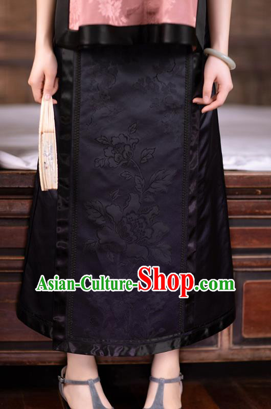 Chinese National Skirt Traditional Costume Noble Woman Black Satin Bust Skirt