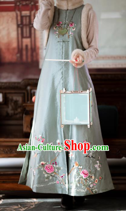 Chinese Women Traditional Tang Suit Embroidered Light Green Long Vest National Clothing Cotton Padded Waistcoat
