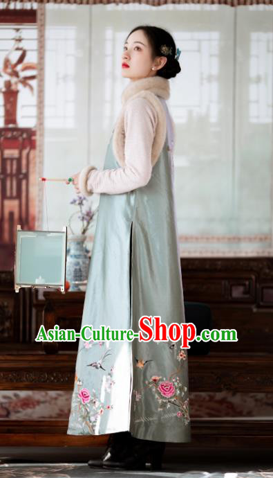 Chinese Women Traditional Tang Suit Embroidered Light Green Long Vest National Clothing Cotton Padded Waistcoat