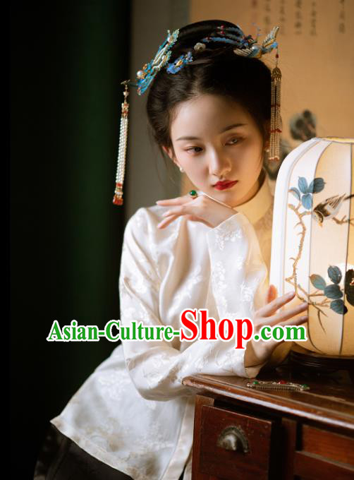 Republic of China White Silk Shirt Traditional Upper Outer Garment Chinese Tang Suit Blouse for Women