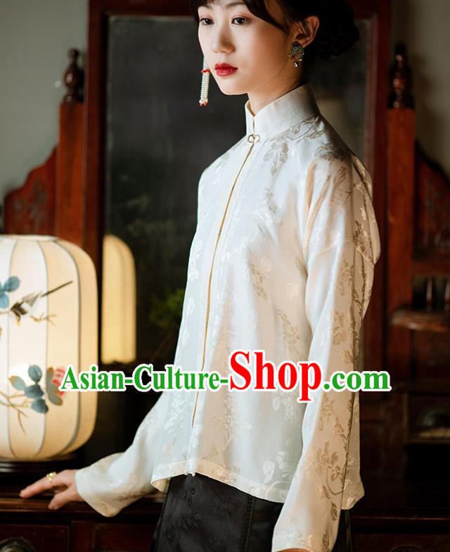 Republic of China White Silk Shirt Traditional Upper Outer Garment Chinese Tang Suit Blouse for Women
