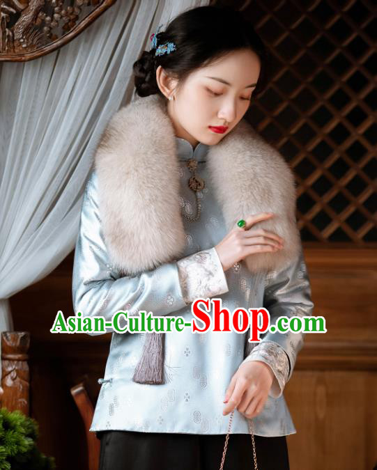 Traditional Chinese Tang Suit Upper Outer Garment Republic of China Light Blue Silk Jacket for Women
