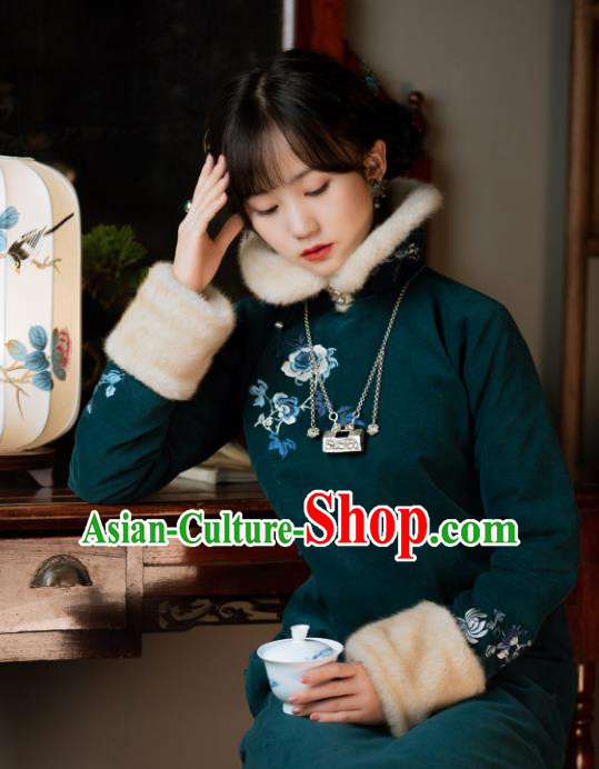 Chinese Winter Deep Green Cheongsam Traditional Women Costume Classical Embroidered Qipao Dress