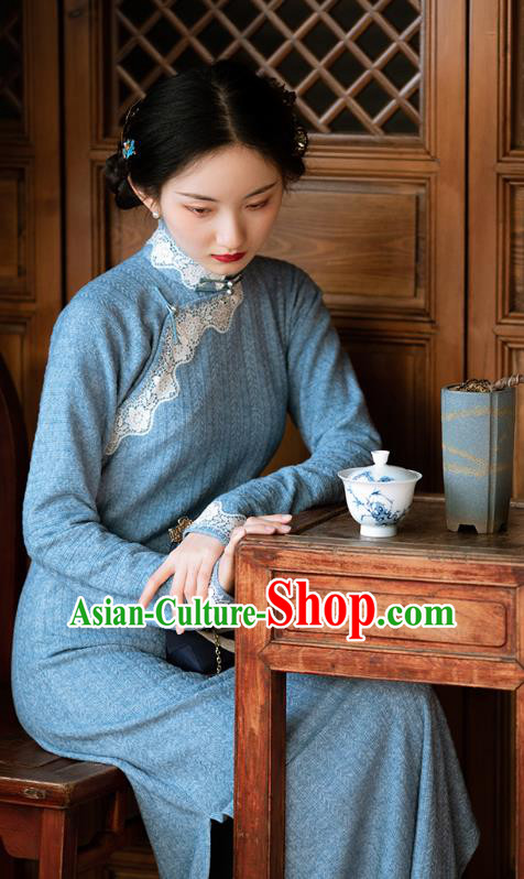 Chinese National Blue Cheongsam Traditional Women Costume Classical Qipao Dress