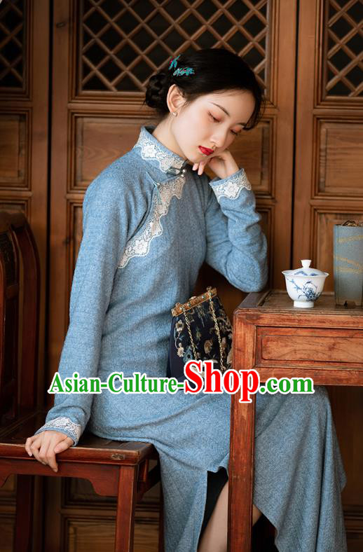 Chinese National Blue Cheongsam Traditional Women Costume Classical Qipao Dress