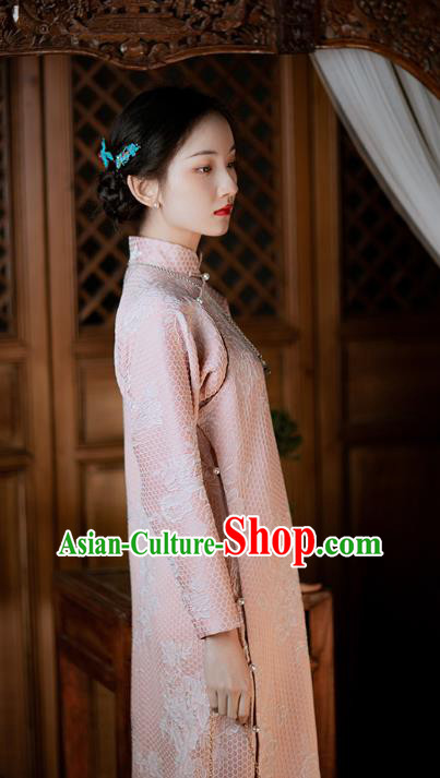 Chinese Classical Pink Qipao Dress National Cheongsam Traditional Women Embroidered Costume