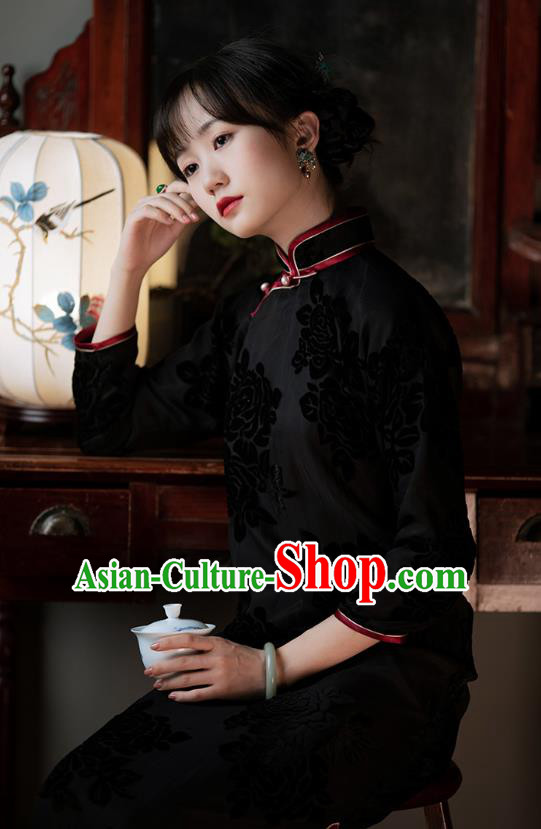 Chinese National Women Cheongsam Traditional Costume Classical Black Velvet Qipao Dress