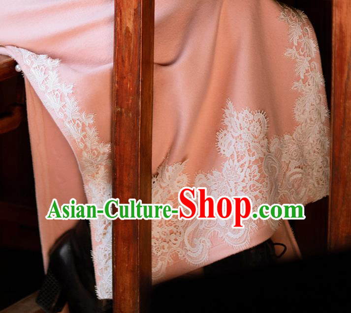 Chinese Classical Qipao Dress National Women Embroidered Pink Woolen Cheongsam Traditional Costume