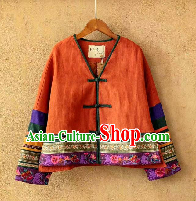 China Traditional Winter Costume Women Tang Suit Embroidered Coat National Orange Flax Cotton Padded Jacket