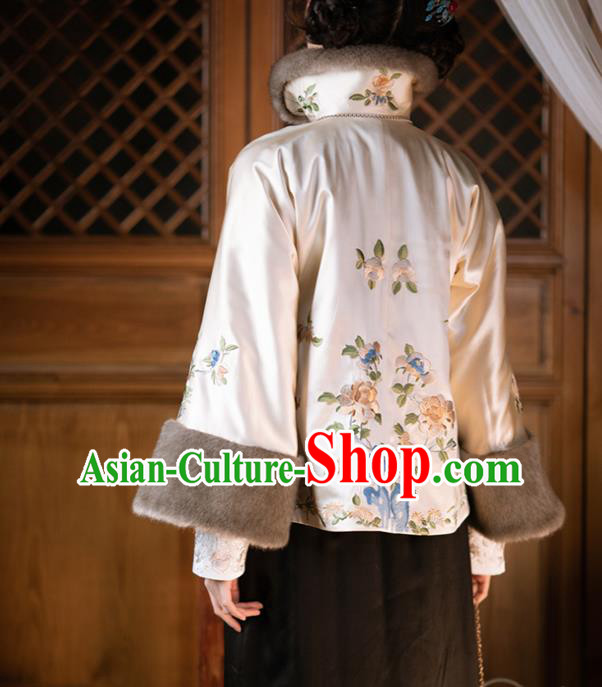 Chinese Traditional Embroidered Beige Silk Coat Qing Dynasty Noble Lady Cotton Padded Jacket for Women