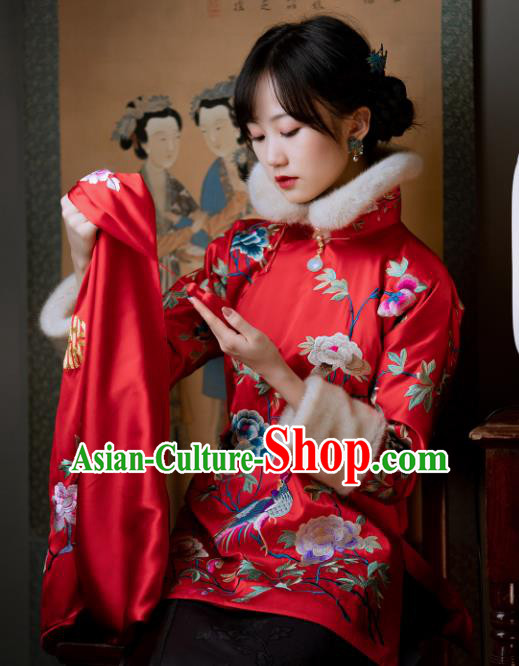 Chinese Traditional Wedding Red Silk Cotton Padded Coat Tang Suit Embroidered Jacket for Women