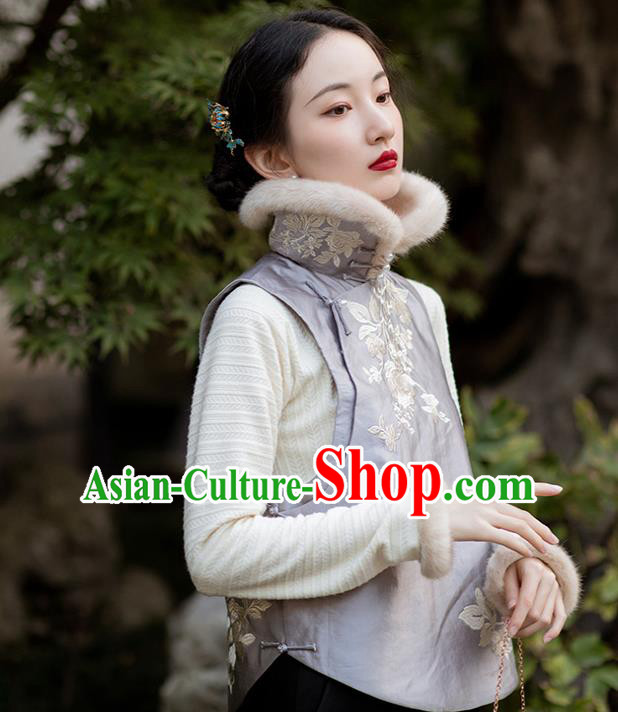 Chinese Traditional Embroidered Purple Silk Vest National Women Clothing Tang Suit Cotton Padded Waistcoat