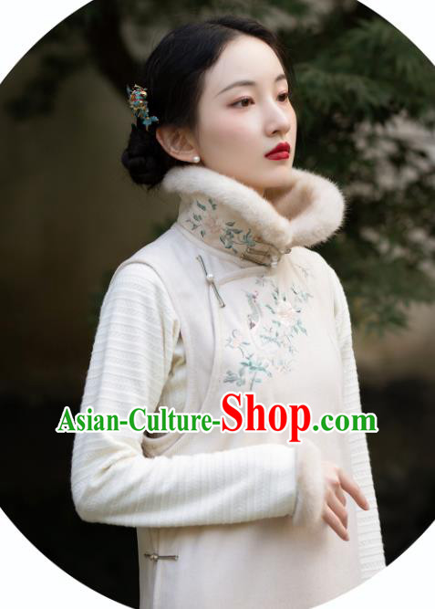 Chinese Classical Qipao Dress Embroidered White Cheongsam Traditional National Women Costume