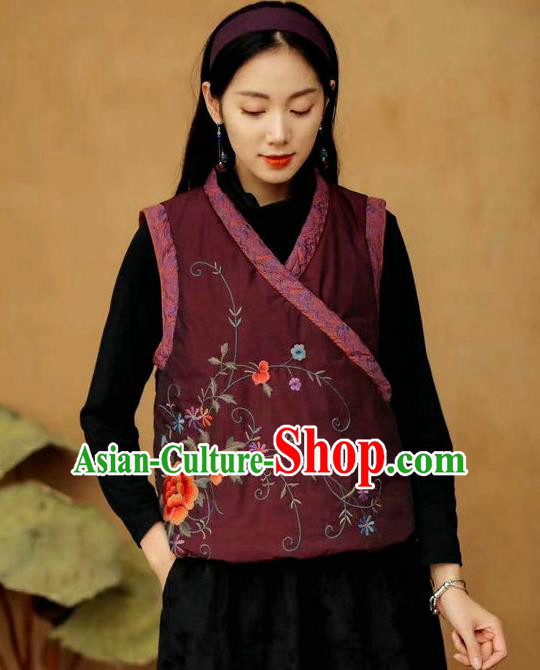 China Women Winter Purple Cotton Padded Vest Traditional Tang Suit Upper Outer Garment Clothing National Embroidered Waistcoat
