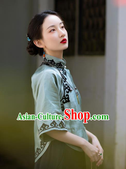 Chinese Traditional Green Silk Shirt Tang Suit Upper Outer Garment Embroidered Blouse for Women