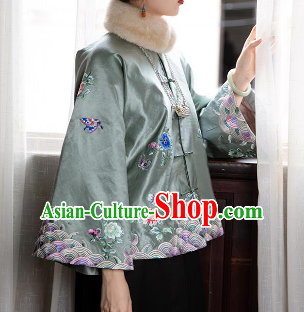 Chinese Traditional Light Green Mandarin Jacket Tang Suit Outer Garment Embroidered Silk Coat for Women