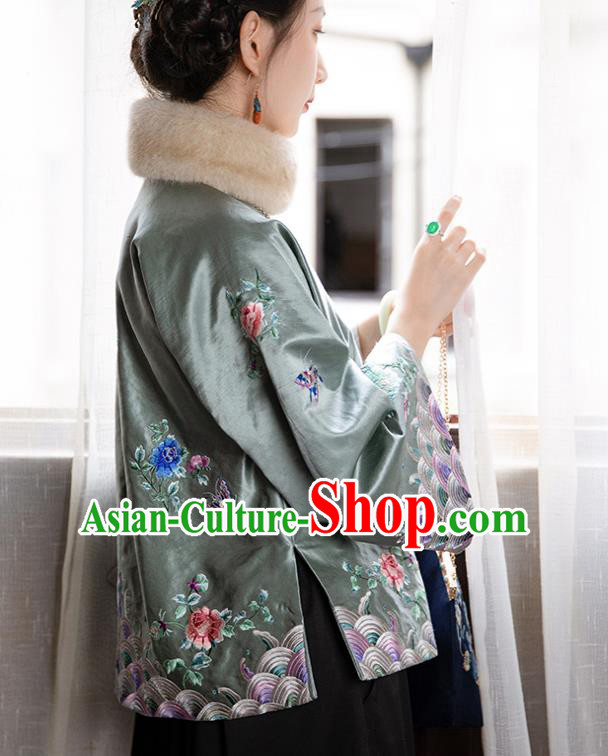 Chinese Traditional Light Green Mandarin Jacket Tang Suit Outer Garment Embroidered Silk Coat for Women