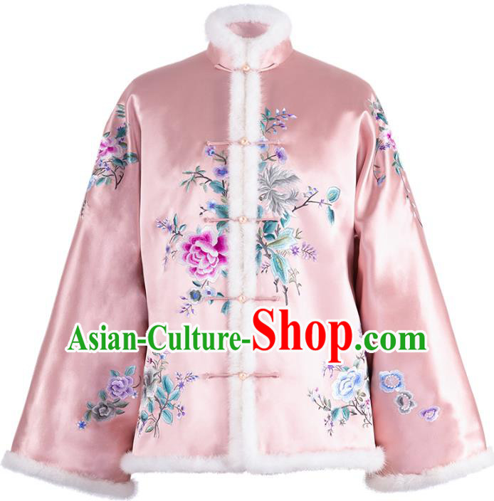 Chinese Qing Dynasty Noble Lady Pink Cotton Padded Jacket Traditional Embroidered Silk Coat for Women