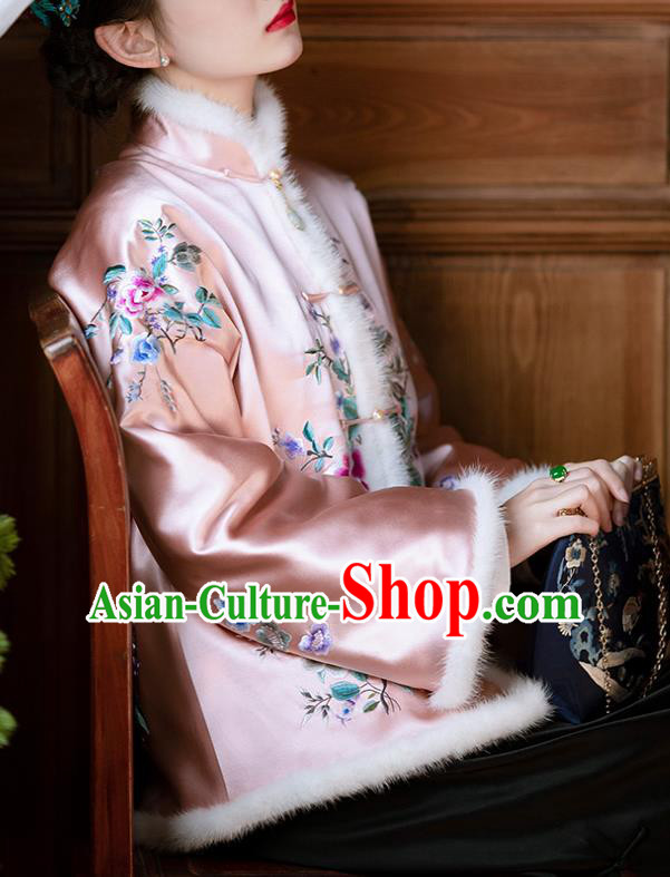 Chinese Qing Dynasty Noble Lady Pink Cotton Padded Jacket Traditional Embroidered Silk Coat for Women