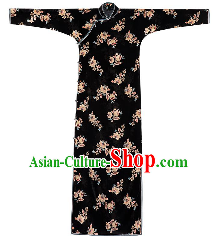 Republic of China Classical Qipao Dress Traditional Women Costume Chinese National Black Velvet Cheongsam