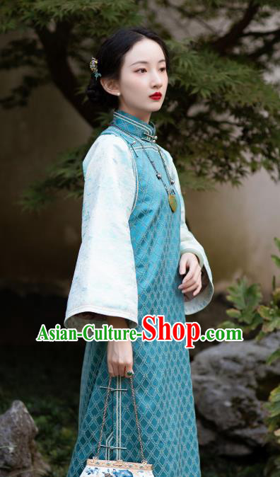 Traditional Women Costume Chinese National Cheongsam Republic of China Classical Blue Silk Qipao Dress