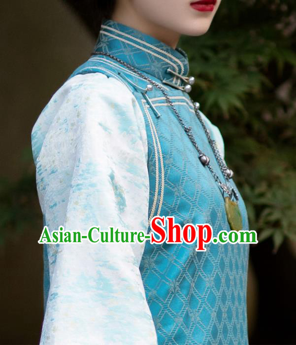 Traditional Women Costume Chinese National Cheongsam Republic of China Classical Blue Silk Qipao Dress
