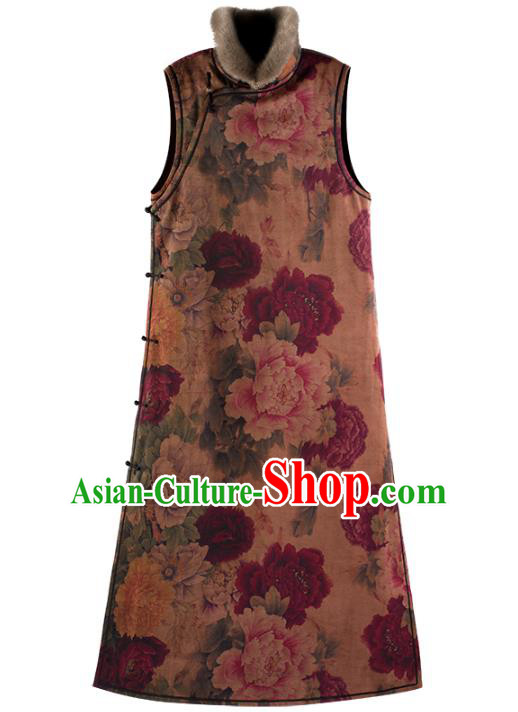 Chinese Traditional Women Costume National Cheongsam Republic of China Classical Peony Pattern Brown Silk Qipao Dress
