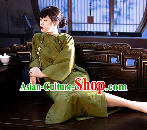 Republic of China Traditional Costume Classical Green Satin Qipao Dress National Women Cheongsam