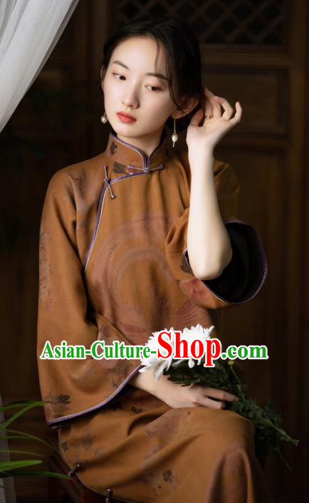 Republic of China Classical Yellow Silk Qipao Dress Women Cheongsam Traditional National Costume