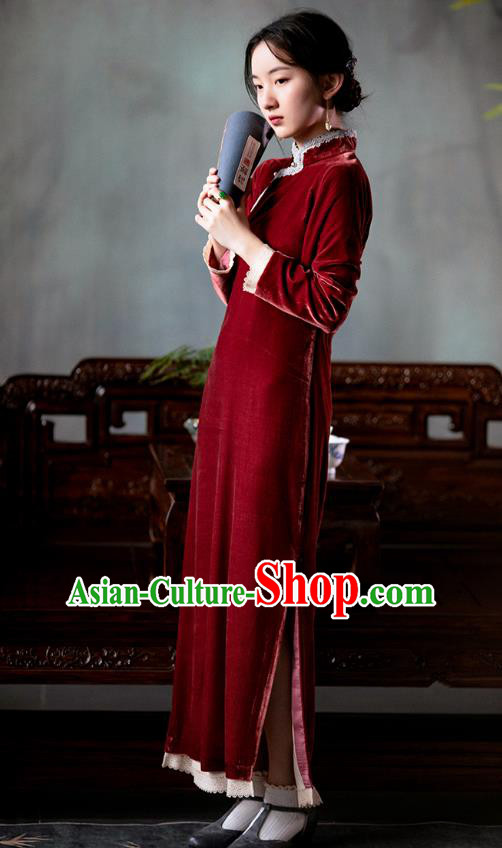 Republic of China Women Cheongsam Traditional National Costume Classical Wine Red Velvet Qipao Dress