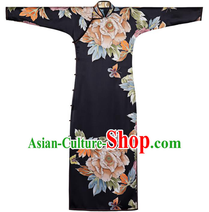 Republic of China Traditional National Costume Women Cheongsam Classical Peony Butterfly Pattern Black Silk Qipao Dress