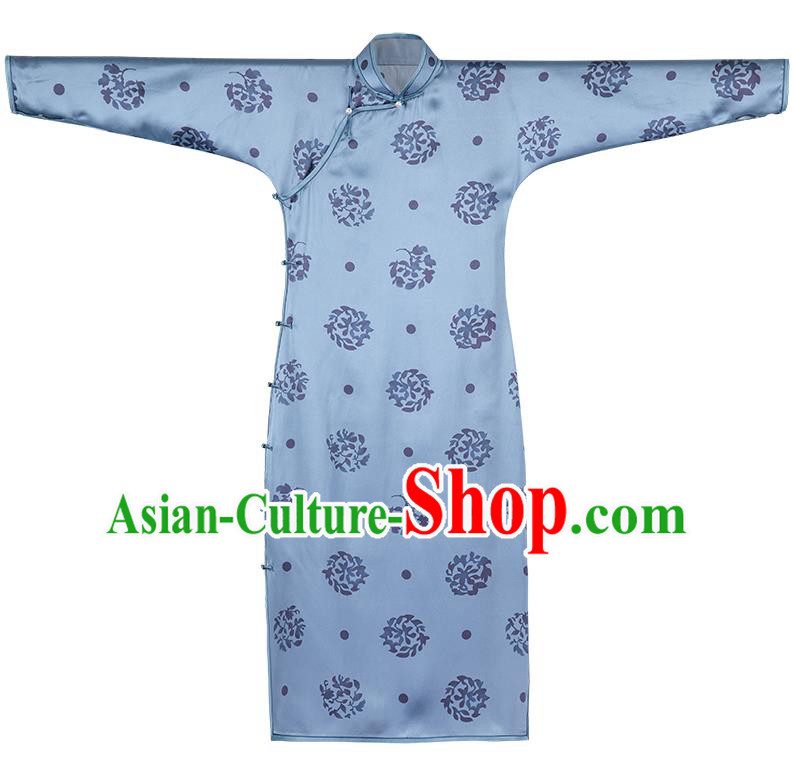 Republic of China Classical Blue Silk Qipao Dress Traditional National Costume Women Cheongsam