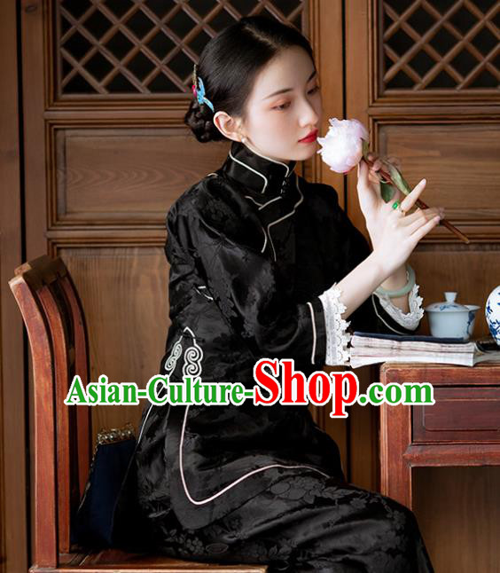 Chinese Tang Suit Upper Outer Garment National Shirt Traditional Black Silk Blouse for Women