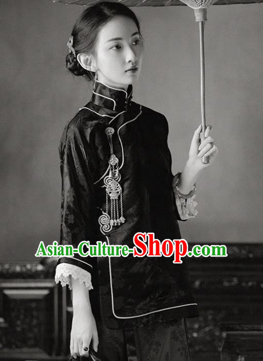Chinese Tang Suit Upper Outer Garment National Shirt Traditional Black Silk Blouse for Women