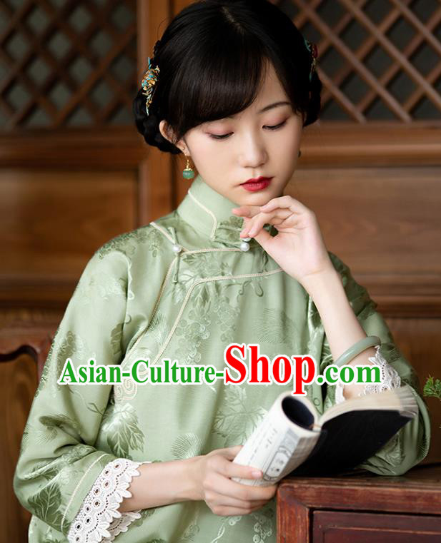 Republic of China Classical Qipao Dress Traditional National Costume Women Light Green Silk Cheongsam