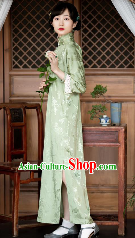 Republic of China Classical Qipao Dress Traditional National Costume Women Light Green Silk Cheongsam