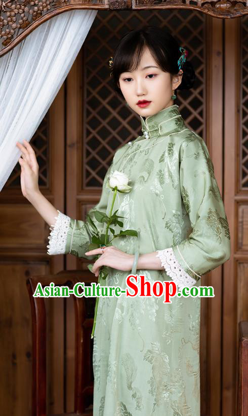 Republic of China Classical Qipao Dress Traditional National Costume Women Light Green Silk Cheongsam